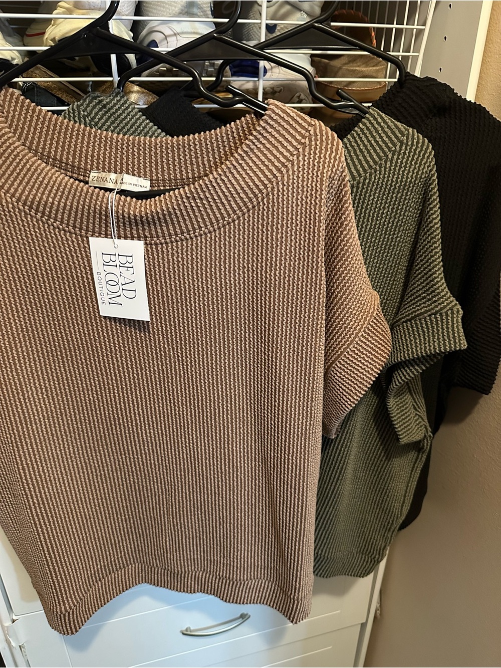 Women's Short-Sleeve Ribbed Top - Taupe, Olive, Black